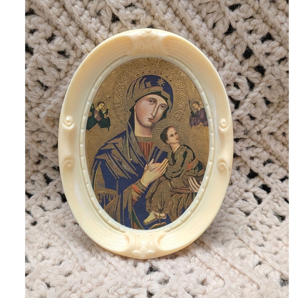 Vintage Virgin Mary Child Religious Icon Ornate Cream Oval Frame 5.5x4